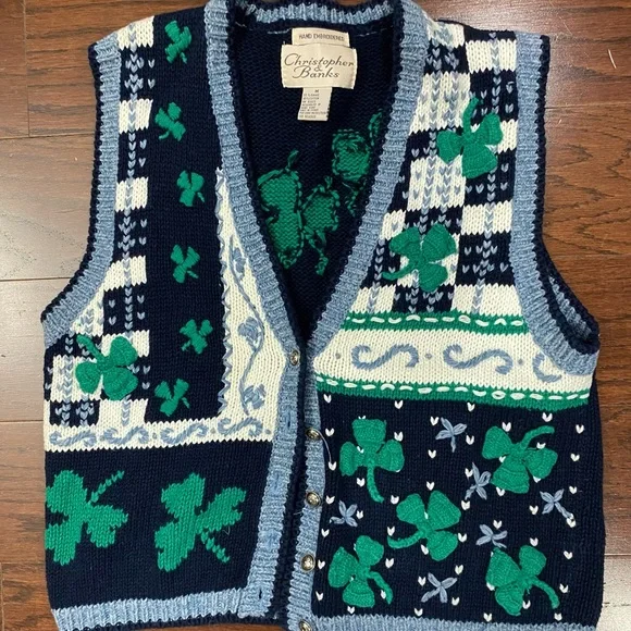 Vintage Irish Shamrock Leprechaun Knit Sweater Vest Size Med St Patrick’s Day - Picture 1 of 5
